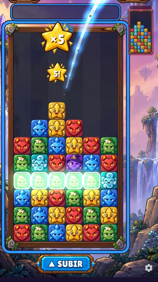 Um combo de cinco blocos sendo eliminado no tabuleiro do jogador