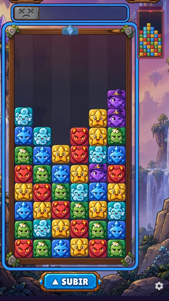 Uma partida real de Blokfall, com seu tabuleiro de monstros ao lado do tabuleiro do adversário